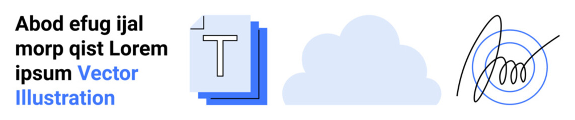 Data storage, document management, digital signature, cloud computing, identity verification, electronic documents. Stack of papers, cloud icon handwritten signature. Document management and digital