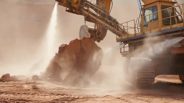 Medium shot of automated misting nozzles mounted on mining equipment releasing moisture for continuous clay dust control and improved air quality