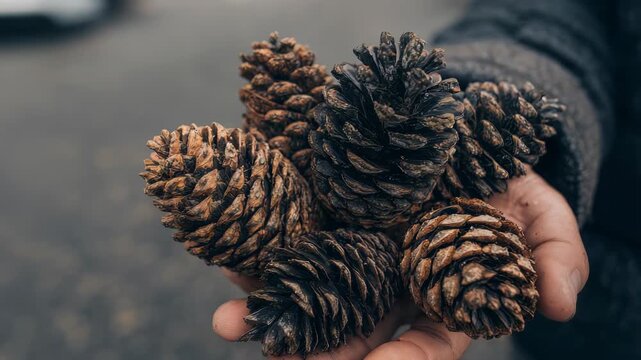 Multiple pine cones are gently cradled in human hands, highlighting the intricate patterns and rustic beauty of nature. The image evokes a sense of autumn, forest, and outdoor exploration
