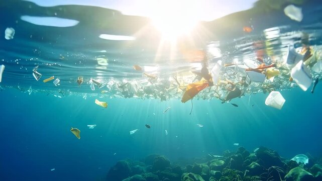 Underwater Pollution: A stark depiction of an underwater scene marred by floating litter, a grim reminder of environmental neglect.
