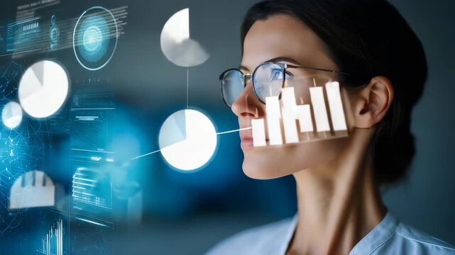 Portrait of a successful woman in glasses standing against a blue abstract background, symbolizing digital transformation. She represents confidence, intelligence, and future oriented thinking