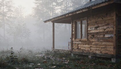 Fototapeta premium Misty morning at an ecolodge cabin textured wooden walls and porch sharply in frame with diffused fog obscuring surrounding forest creating a serene and mysterious mood.