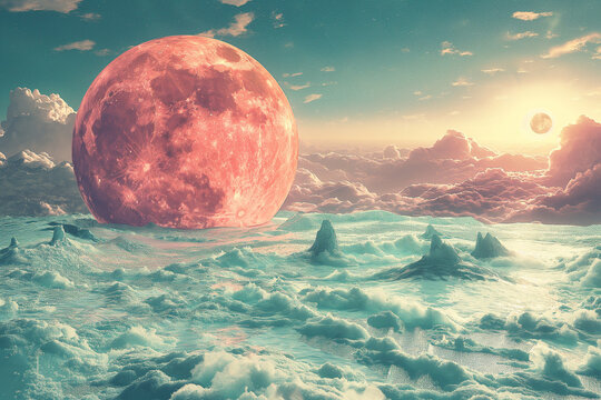 A giant grapefruit planet in a sea of turquoise waves, floating islands, whimsical surreal landscape