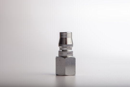 Industrial steel air quick release plug (PM type) with male NPT thread, professional pneumatic nipple for compressor hose connections isolated on white