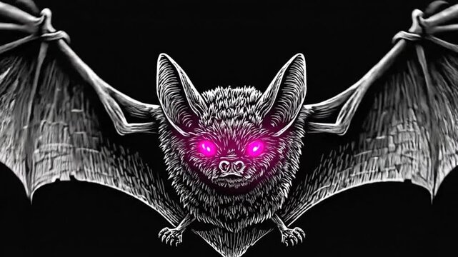 A stark, illustration of a bat with glowing magenta eyes, against a black backdrop