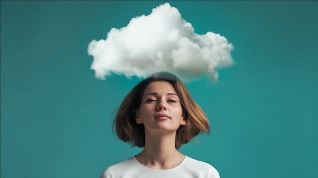 of a woman with a cloud above her head. Emotional or contemplative ry.