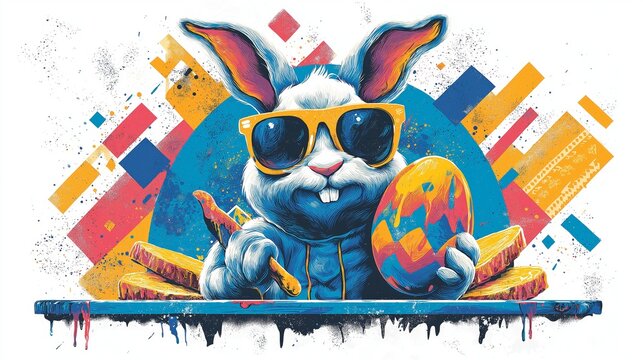 Cool cartoon rabbit wearing sunglasses holding Easter egg poster. Cartoon rabbit wearing sunglasses holding a colorful graffiti-painted Easter egg with traditional food