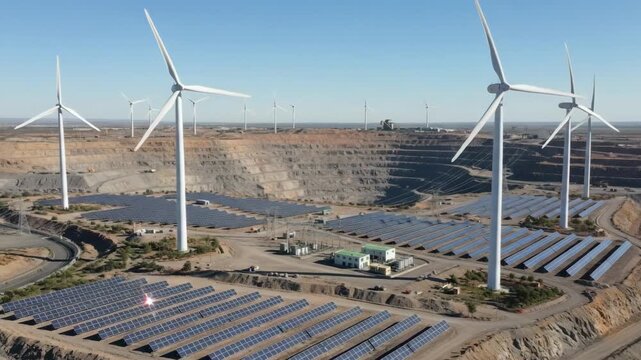 Medium shot of hybrid renewable energy systems combining wind and solar technologies installed around a mining area for green power solutions