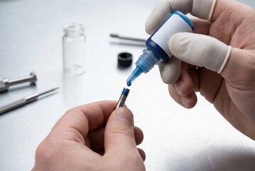 A person in gloves applies blue threadlocker adhesive from a bottle to the threads of a metal screw.