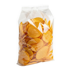 Bag of crinkle-cut potato chips ready for snacking and sharing. isolated on transparent background