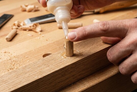 A carpenter applies wood glue to a wooden dowel pin before inserting it into a joint on a workbench.