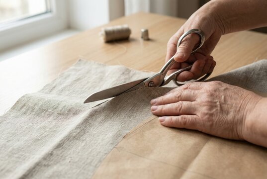 A tailor's hands cutting linen fabric with large scissors, following a paper pattern on a wooden table.