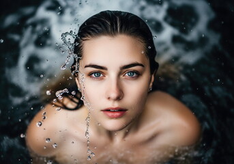 Portrait of a beautiful young woman with her eyes closed, seen from above, cooling off in a waterfall and delighting in the wonderful sensation of the water.
