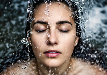 Portrait of a beautiful young woman with her eyes closed, seen from above, cooling off in a waterfall and delighting in the wonderful sensation of the water.