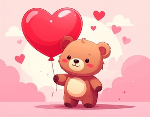 Obraz premium Cute teddy bear holding large red heart balloon sitting on pink background for Valentine illustration