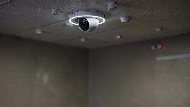 Medium frame of a ceilinginstalled IoT camera capturing discreet back room activity sensors flashing subtly with ambient analytics graphics in soft focus.