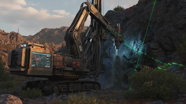 Medium shot of automated drilling rig operating in rugged terrain showcasing AIcontrolled precision for anthracite extraction with integrated GPS technology.