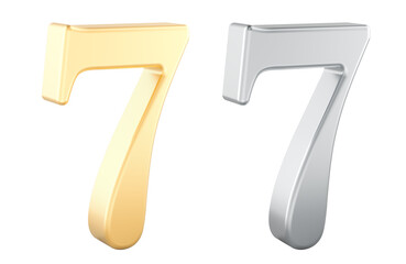 Fototapeta premium Number 7 in gold and silver. 3D rendering