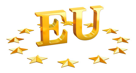 Fototapeta premium EU gold letters with circle of stars, European Union symbol. 3D rendering