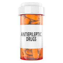 Fototapeta premium Antiepileptic drugs pill bottle, orange prescription container. 3D rendering