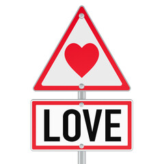 Fototapeta premium Love ahead warning sign, concept. Road sign with heart and love text. 3D rendering