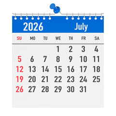 Fototapeta premium July 2026 wall calendar page with spiral binding and pin, 3D rendering