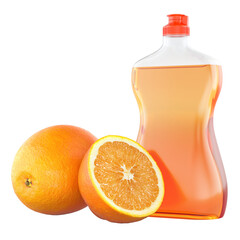 Fototapeta premium Orange dishwashing liquid bottle with fresh orange fruit. 3D rendering
