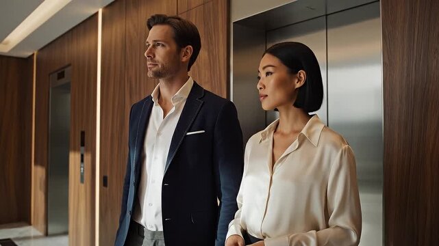 Business colleagues discuss project details while waiting for elevator in modern office lobby.