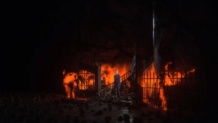 Man in hell. Sinner. A lonely sinfull man stands in front of a hell gates. Hell fire. Religious concept. 3d rendering. © 3D motion