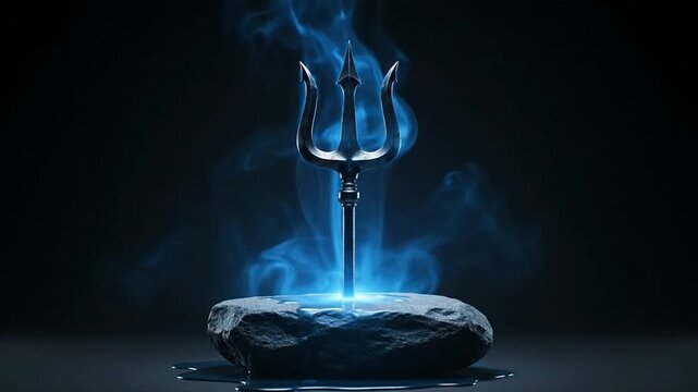A mystical trident rising from a stone on a dark, mystical background as a wallpaper of lord shiva