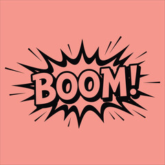 Bold black and white 'BOOM!' comic sound effect with sharp explosion on coral background, vector graphic