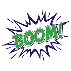 Vibrant comic book 'BOOM!' sound effect with sharp green and blue starburst on white background, vector art