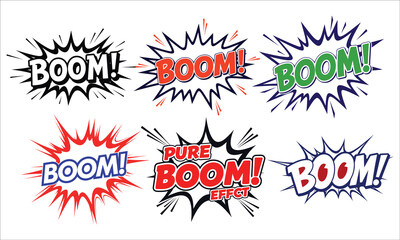 Set of six diverse comic book 'BOOM!' sound effect illustrations with starbursts on white and pink backgrounds