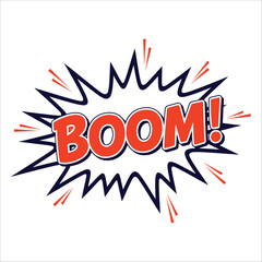 Energetic 'BOOM!' comic book sound effect with red and blue starburst on white, vector illustration for impact