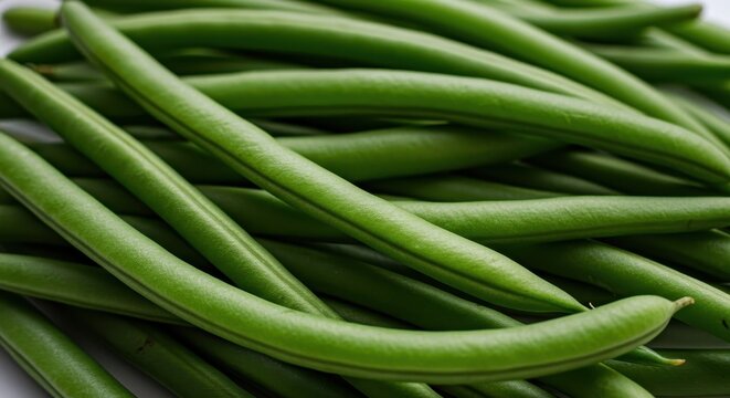 A vibrant close-up view of freshly harvested, slender raw green organic string beans, emphasizing their healthy texture and culinary versatility, eating, haricot vert, vegetable