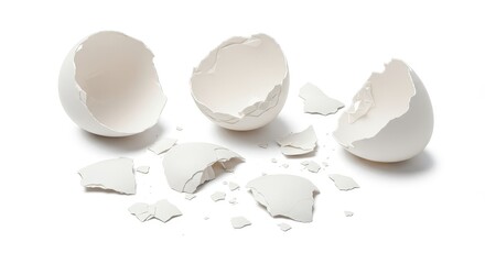 Collection of stark white eggshell fragments broken into sharp, angular pieces scattered and isolated against a clean, brilliant white background, isolated, sharp, waste