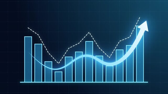 Business bar chart with dip then strong upward recovery, and glowing rising arrow. Illustrating market rebound, business recovery, financial growth, revenue improvement performance