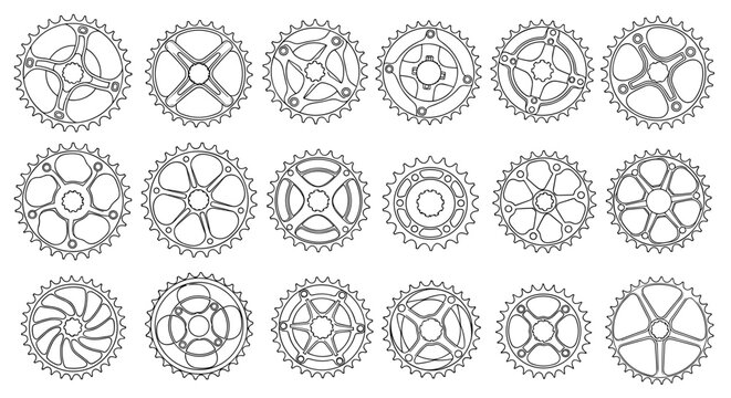 Collection of twenty bicycle gears arranged in a grid pattern on a plain background