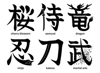 Fototapeta premium Pictorial Japanese kanji characters for cherry blossom, dragon, martial arts, samurai, ninja and katana isolated on transparent background, calligraphy art, tattoo idea