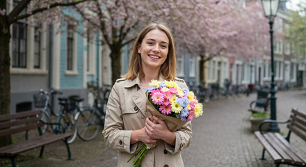 Fototapeta premium Smiling young woman in spring city holding bouquet, International Women’s Day celebration, March 8 lifestyle portrait, urban femininity, happiness and freedom concept