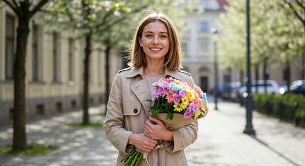 Fototapeta premium Smiling young woman in spring city holding bouquet, International Women’s Day celebration, March 8 lifestyle portrait, urban femininity, happiness and freedom concept