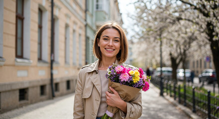 Fototapeta premium Smiling young woman in spring city holding bouquet, International Women’s Day celebration, March 8 lifestyle portrait, urban femininity, happiness and freedom concept