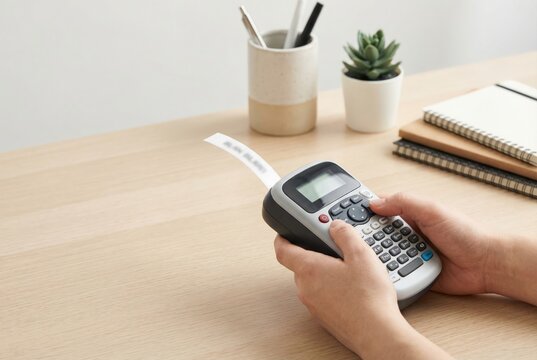 A person's hands operate a portable label maker, printing a new label at an organized wooden desk.