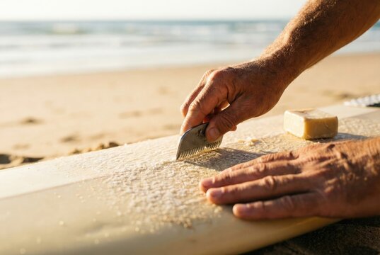 A surfer on a sunny beach uses a wax comb to texturize the wax on their surfboard for better grip.