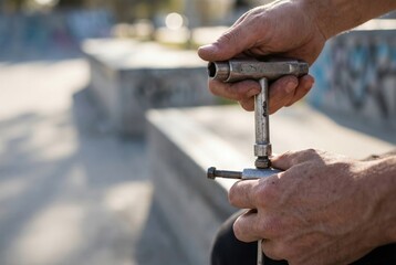 A skater's hands use a metal skate tool to adjust a bolt on a skateboard truck at a skatepark.