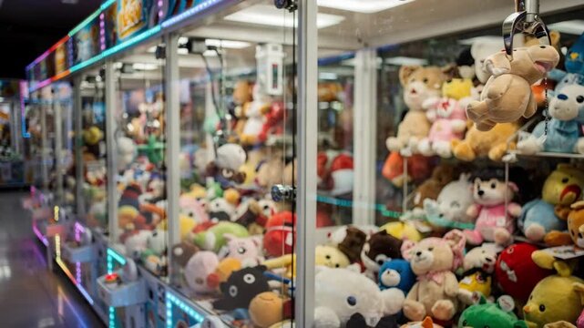 View of a line of transparent claw machines stuffed with assorted plush toys the front machines claw and prizes prominently in focus with distant machines blurred artistically.