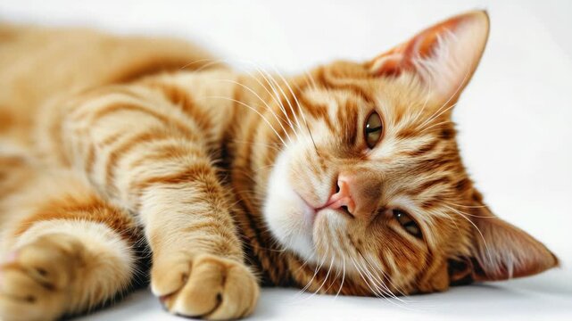 A contented tabby cat napping peacefully in a relaxed position on a soft surface with its eyes closed and whiskers spread outwards.