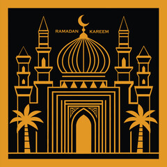 Obraz premium Ramadan kareem greeting card design featuring a golden mosque line art illustration with palm trees and a crescent moon on a black background