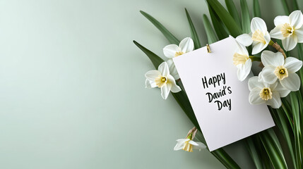 Happy St. David's Day message with vibrant daffodils, symbolizing Welsh culture and national celebration, honoring tradition with white and yellow blossoms