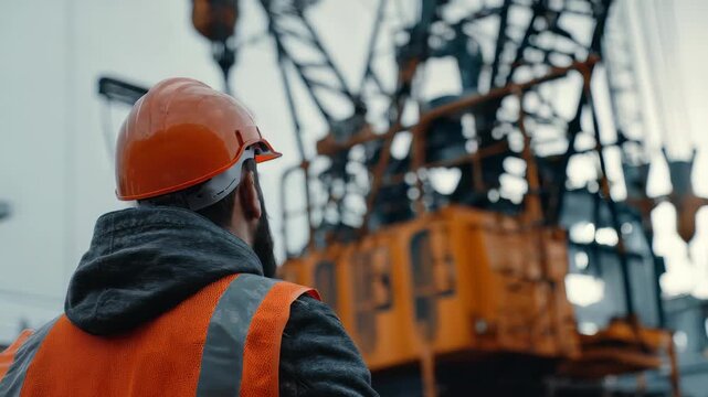 A male construction worker stands with his back to the camera, watching a crane at a busy construction site in the evening light. The image highlights safety, teamwork, and modern engineering progress